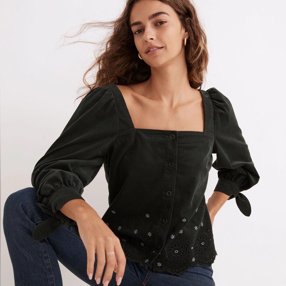 MADEWELL EMBROIDERED EYELET CORDUROY TIE-SLEEVE TOP